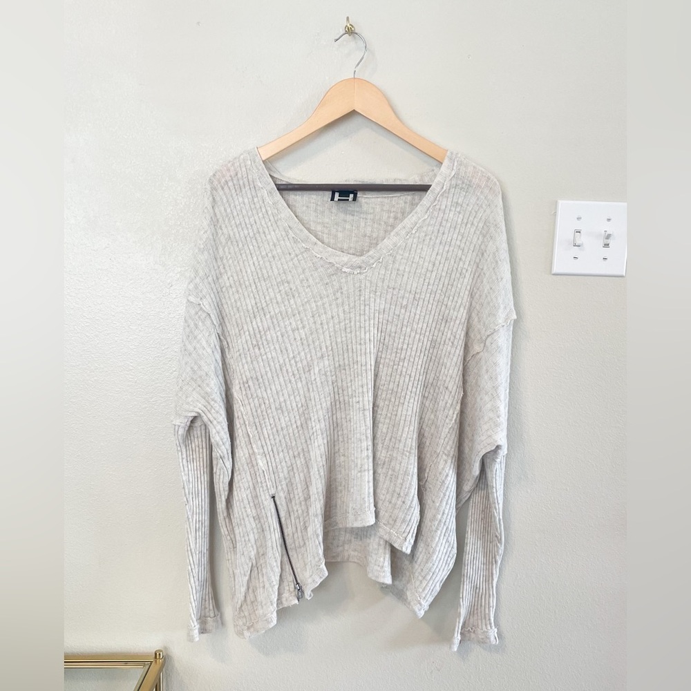 Ribbed Long Sleeve Cream Sweater Top